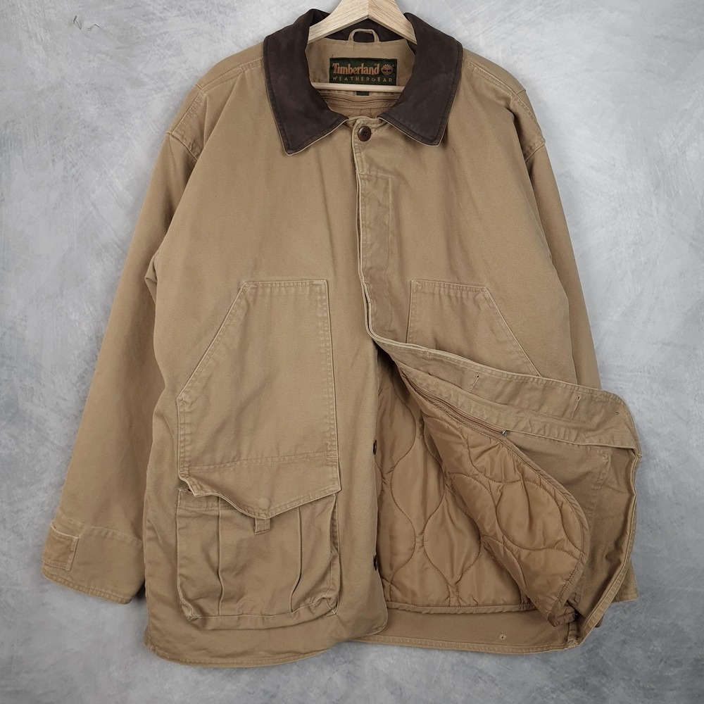 Vintage Timberland Barn Coat Mens Large Beige Canvas Leather Collar Lined Work